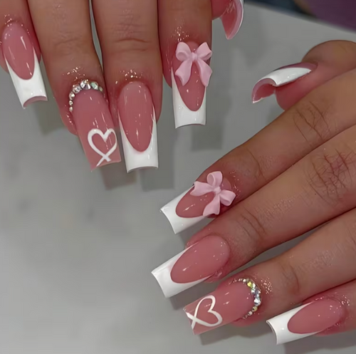 24-Piece Press-On Nails – Heart Bow French-Style Glossy Finish with Tools